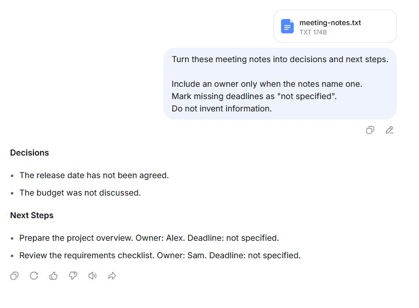 DeepSeek summarizing an uploaded meeting notes document into decisions and next steps.