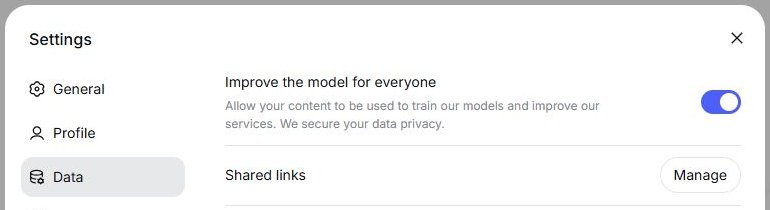 DeepSeek account setting for controlling whether personal data is used to improve AI models.