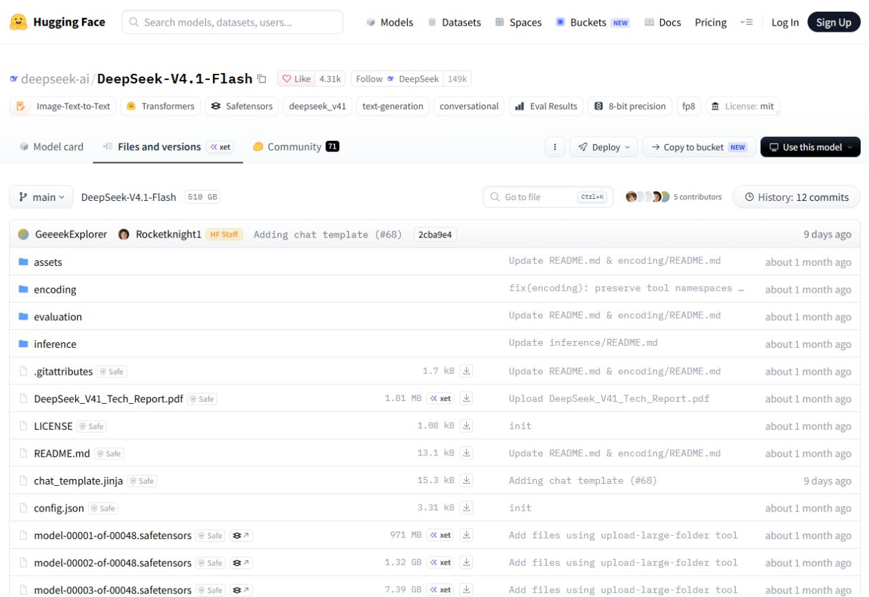 Official DeepSeek V4.1 Flash model repository on Hugging Face showing model files and license information.