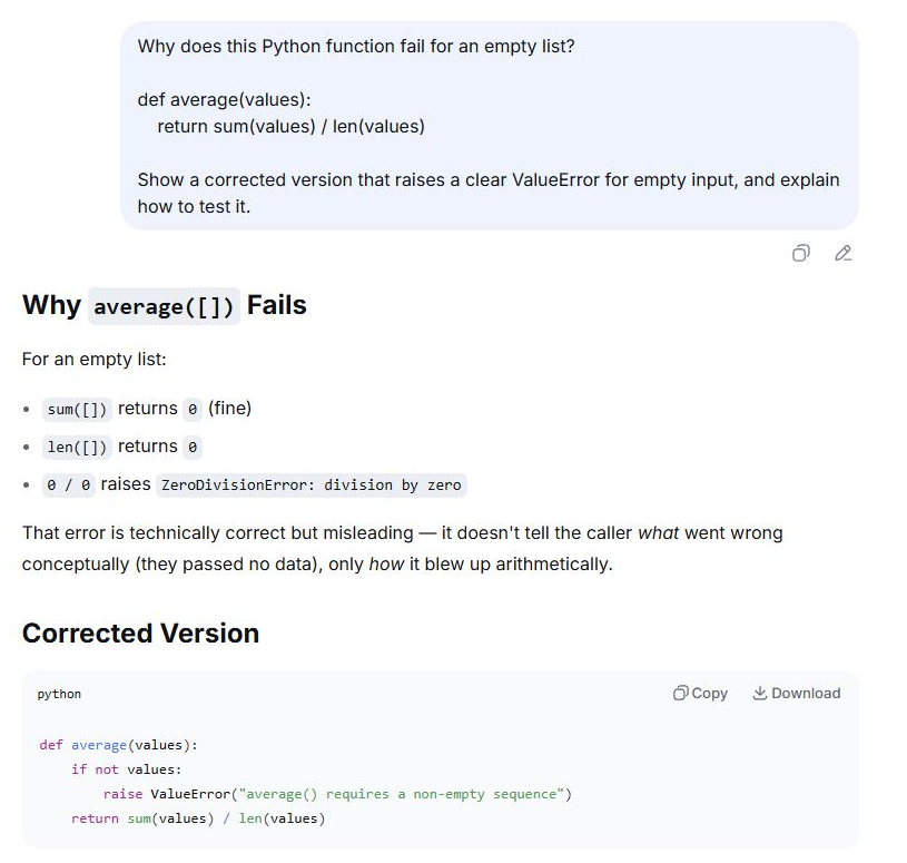 DeepSeek identifying a Python division by zero error and suggesting a corrected function.