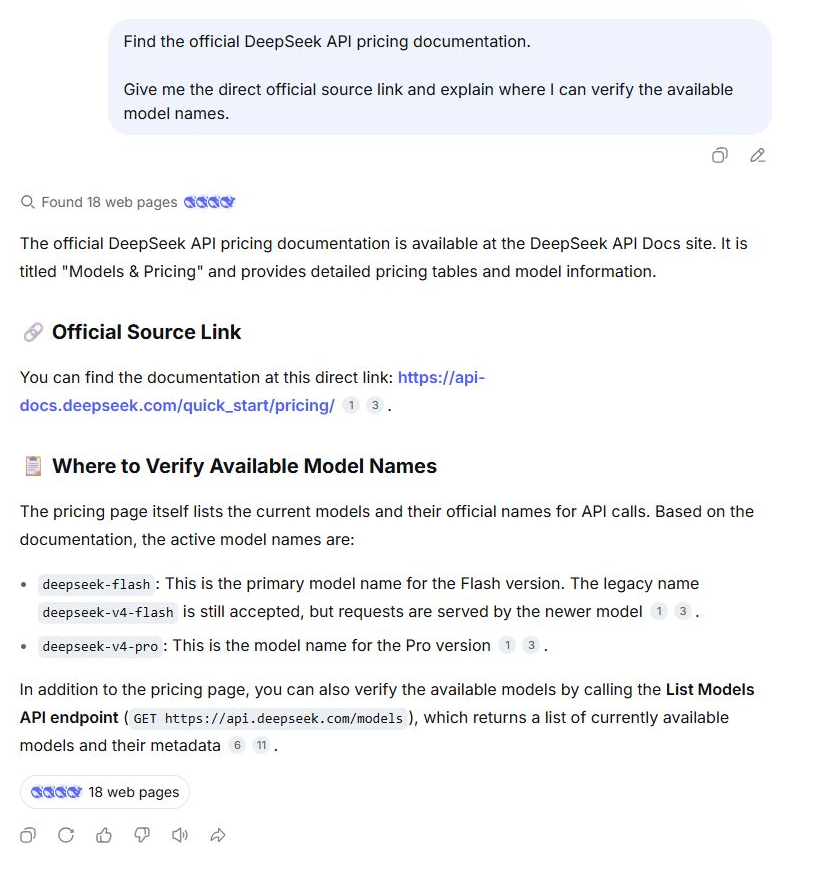 DeepSeek using web search to answer a question with links to official documentation.
