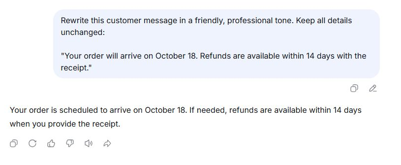 DeepSeek rewriting a sample customer message in a friendly professional tone while preserving its details.