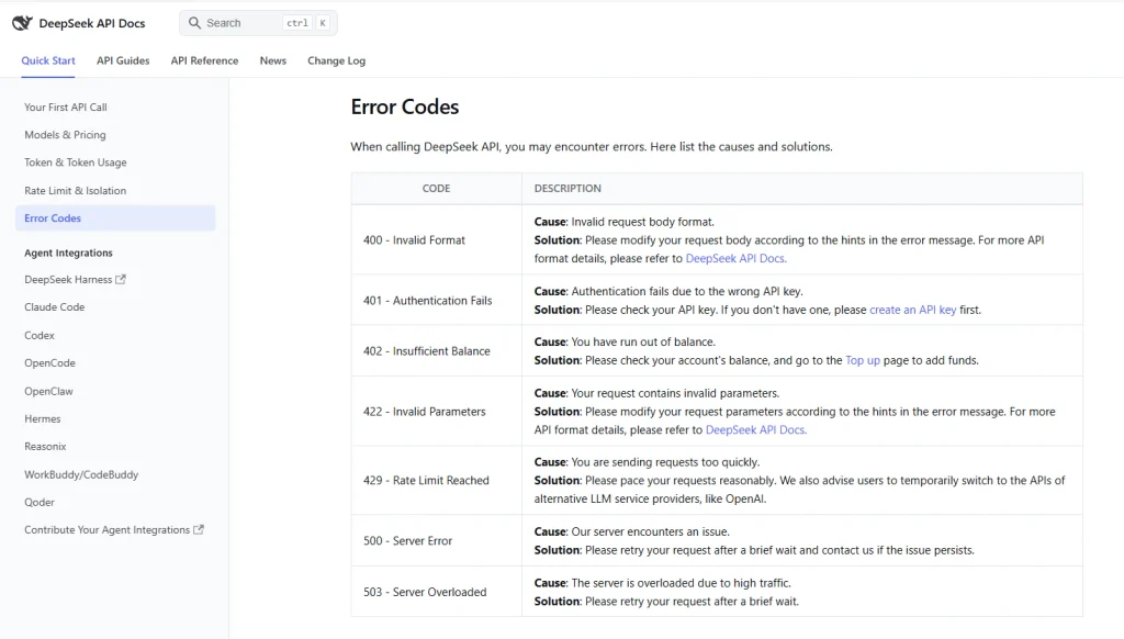DeepSeek API documentation showing HTTP error codes 400, 401, 402, 422, 429, 500 and 503 with recommended fixes