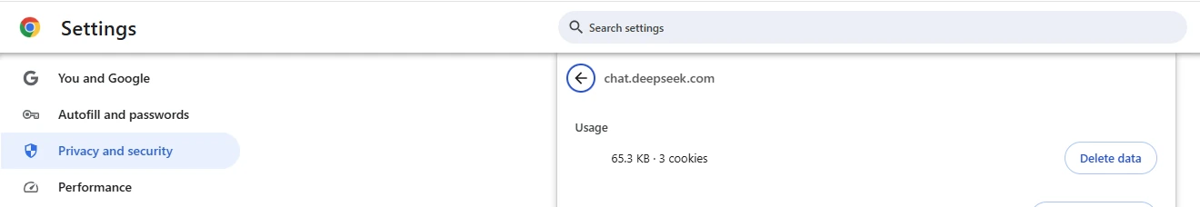 Chrome site settings showing the Delete data option for chat.deepseek.com