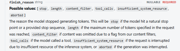 Official DeepSeek API finish_reason values showing stop, length, tool_calls, content_filter, insufficient_system_resource, and aborted.