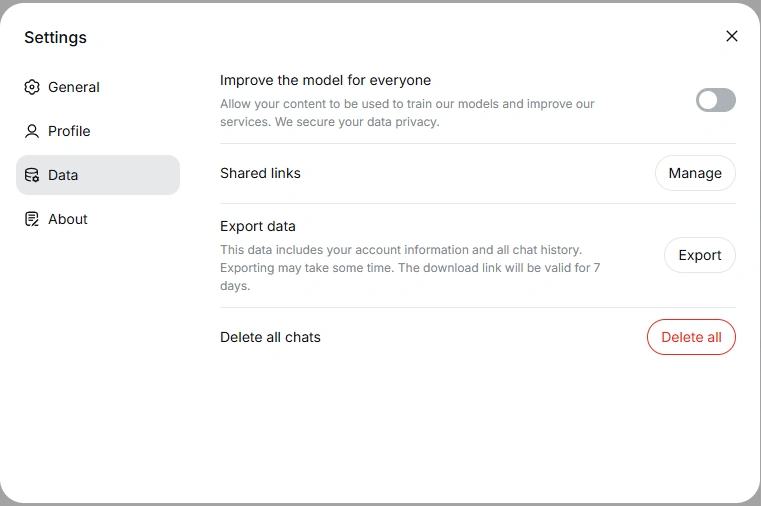 DeepSeek privacy settings showing the Improve the model for everyone option turned off