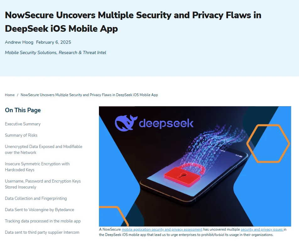 NowSecure February 2025 report on security and privacy flaws in the DeepSeek iOS app