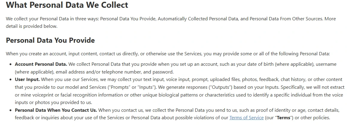 DeepSeek Privacy Policy showing collection of prompts, uploaded files and chat history