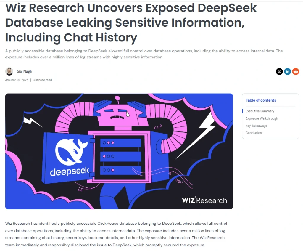 Wiz Research January 2025 report documenting an exposed DeepSeek database and chat history