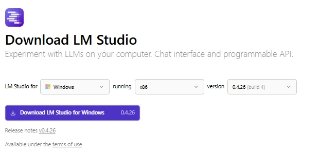 Official LM Studio download page showing the Windows version and download button