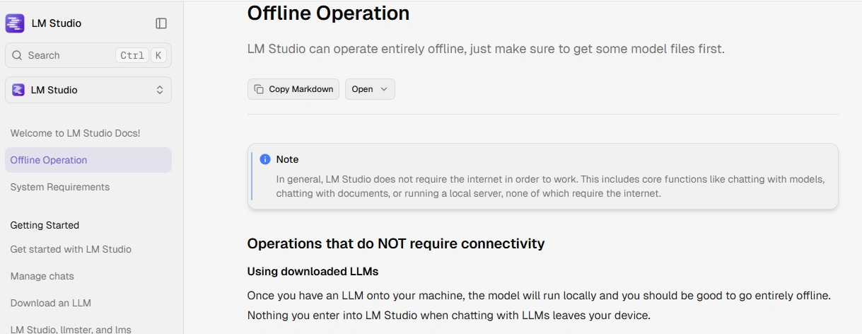 LM Studio documentation explaining offline local AI model operation and privacy