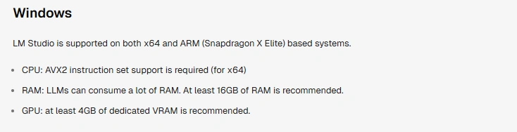 LM Studio Windows system requirements showing AVX2 CPU support and recommended RAM and GPU memory