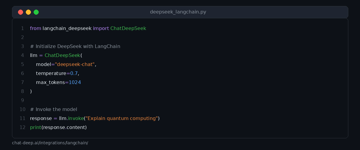 DeepSeek LangChain Python code example showing ChatDeepSeek initialization