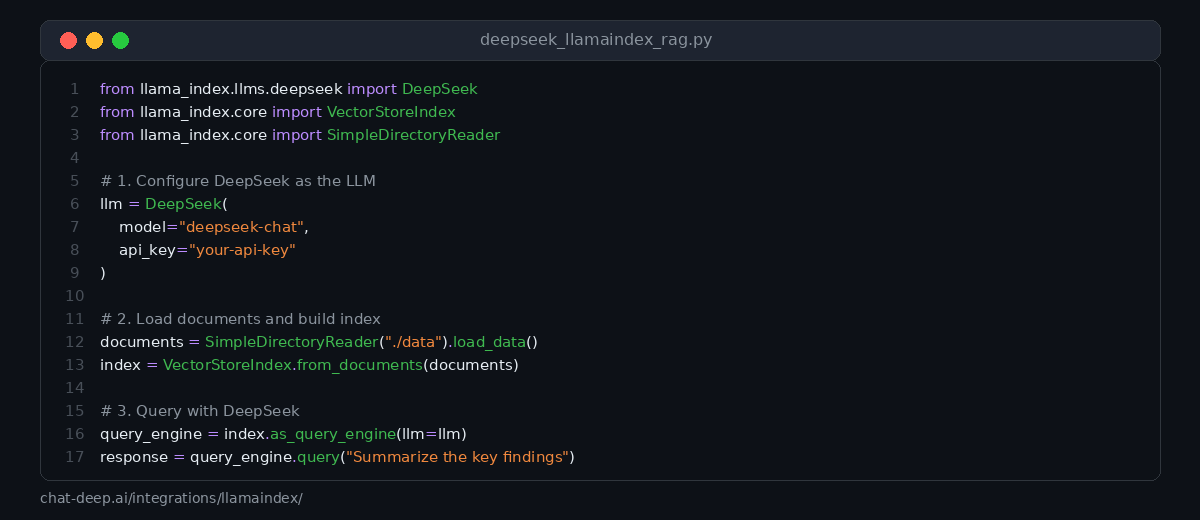 Python code example showing DeepSeek LlamaIndex setup with SimpleDirectoryReader and VectorStoreIndex