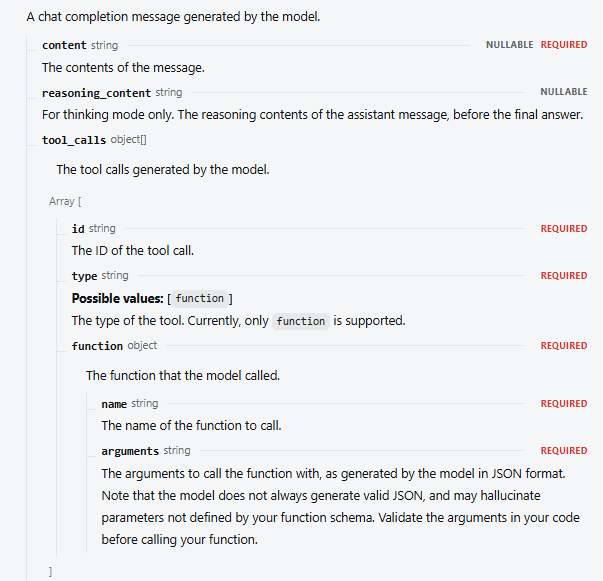 DeepSeek API response schema showing separate content and reasoning_content fields for final answers and reasoning output