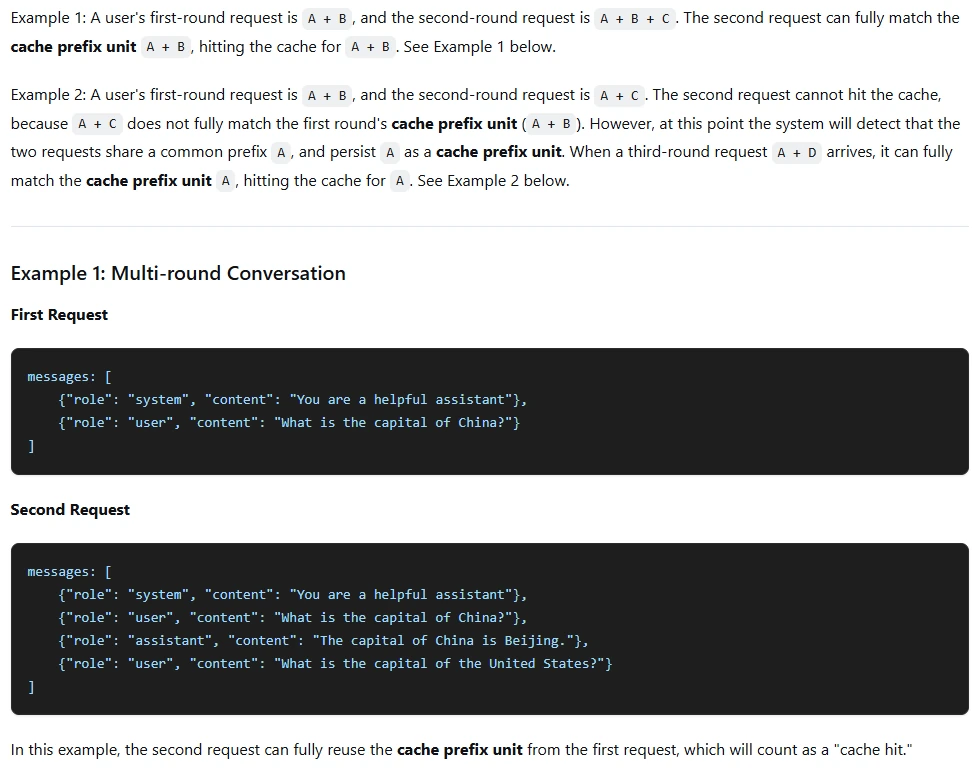 DeepSeek context caching documentation comparing matching prompt prefixes and cache hits