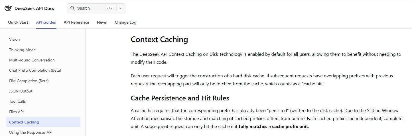 DeepSeek documentation showing how matching prompt prefixes affect cache hits