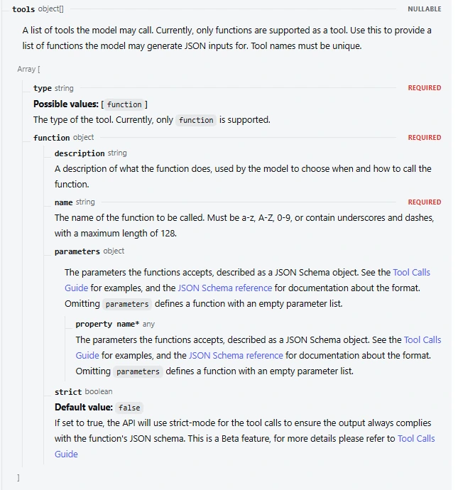 DeepSeek API documentation showing function names, descriptions, JSON Schema parameters and strict mode