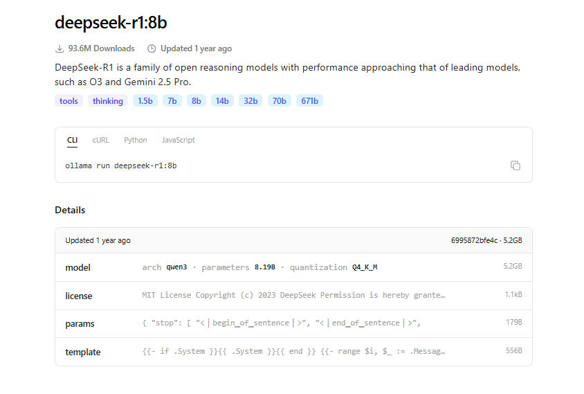 Ollama DeepSeek R1 8B model details showing Qwen3 architecture, 5.2GB download size, and Q4_K_M quantization