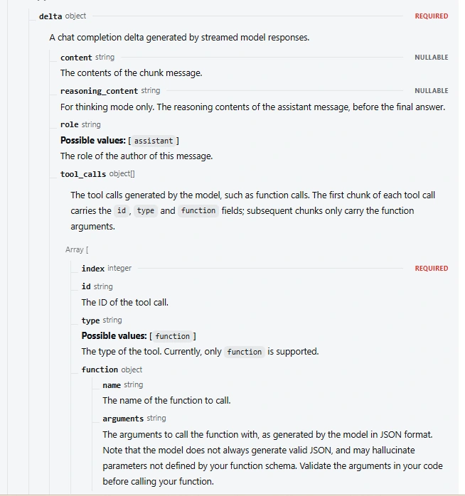 DeepSeek streaming API documentation showing delta tool calls and function argument fragments