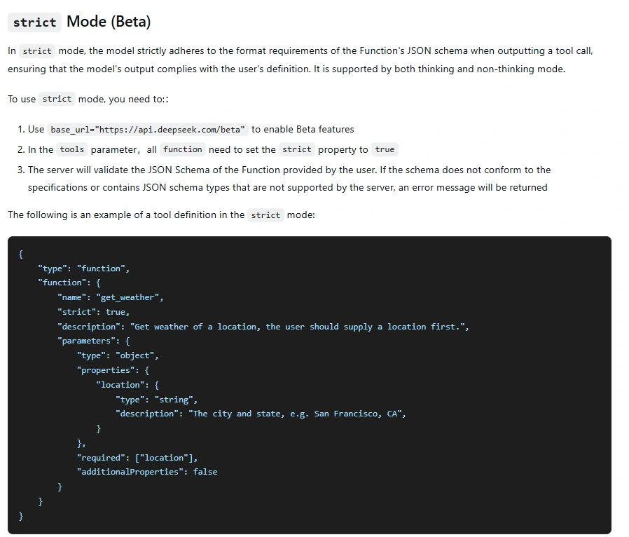 DeepSeek Strict Mode Beta documentation showing API endpoint and JSON Schema function validation