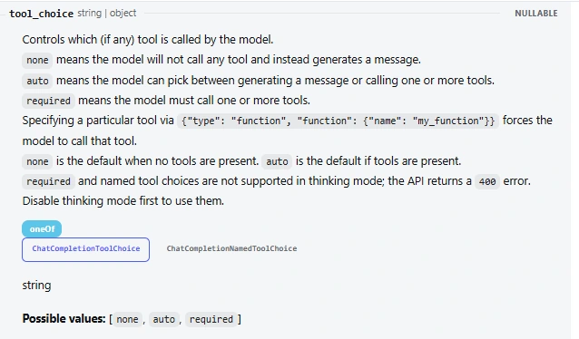 DeepSeek API documentation explaining none, auto and required tool_choice options