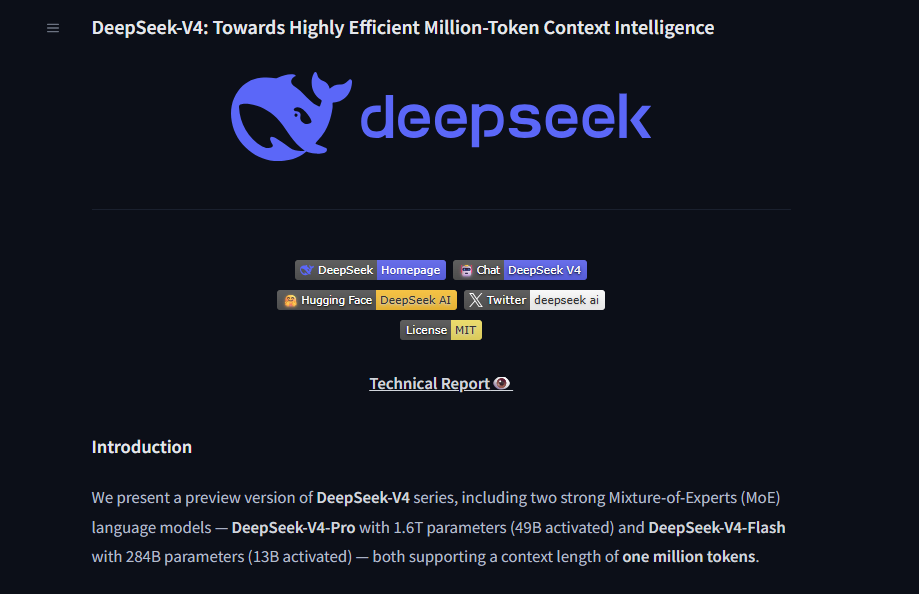 Official DeepSeek V4 Pro model documentation showing 1.6 trillion total parameters and 49 billion activated parameters