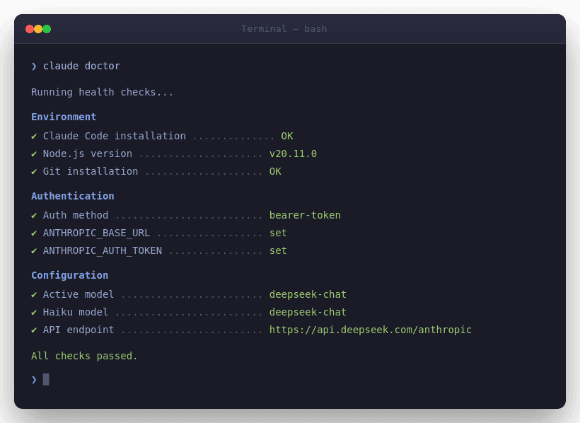Claude Code doctor output showing all health checks passed with DeepSeek endpoint configured