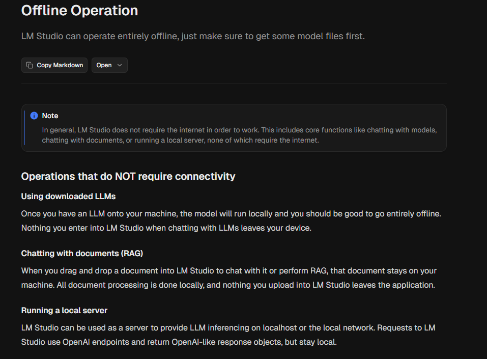 LM Studio official offline operation documentation showing local LLM inference, document processing, and local server support without internet access