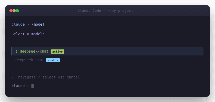 Claude Code model picker showing deepseek-chat as active model with custom DeepSeek Chat option