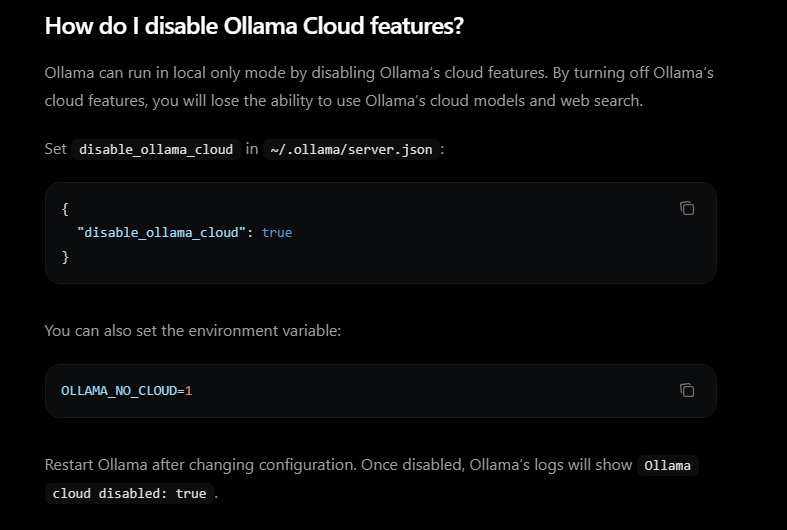 Official Ollama documentation showing how to disable cloud features using disable_ollama_cloud and OLLAMA_NO_CLOUD