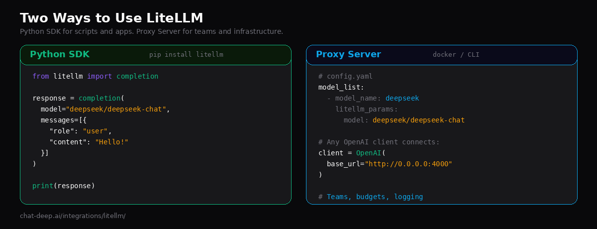 Two ways to use LiteLLM with DeepSeek — Python SDK for direct use and Proxy Server for teams and infrastructure