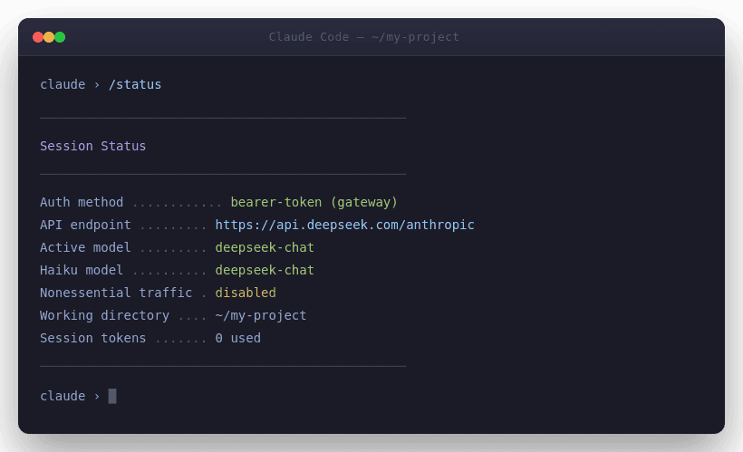 Claude Code status command showing bearer-token auth and deepseek-chat model active via DeepSeek API endpoint