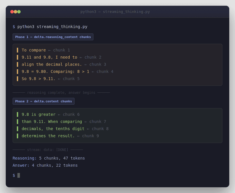 DeepSeek Thinking Mode streaming output showing reasoning chunks arriving before answer chunks with data DONE signal