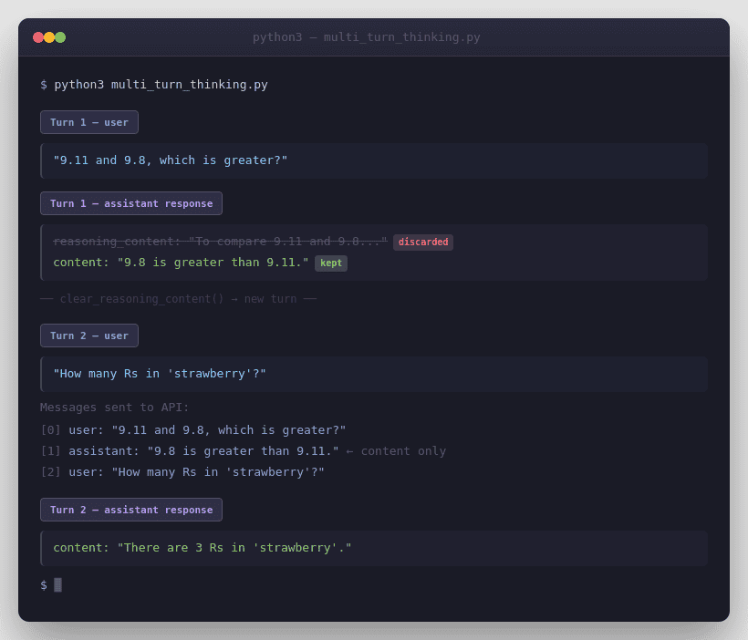 DeepSeek Thinking Mode multi-turn example showing reasoning_content discarded and only content carried to next turn