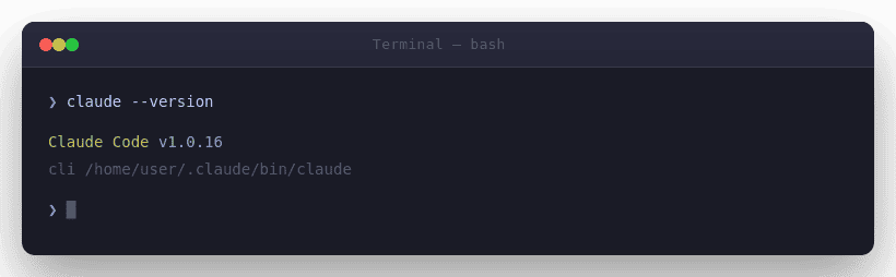 Claude Code version check showing v1.0.16 installed via native method