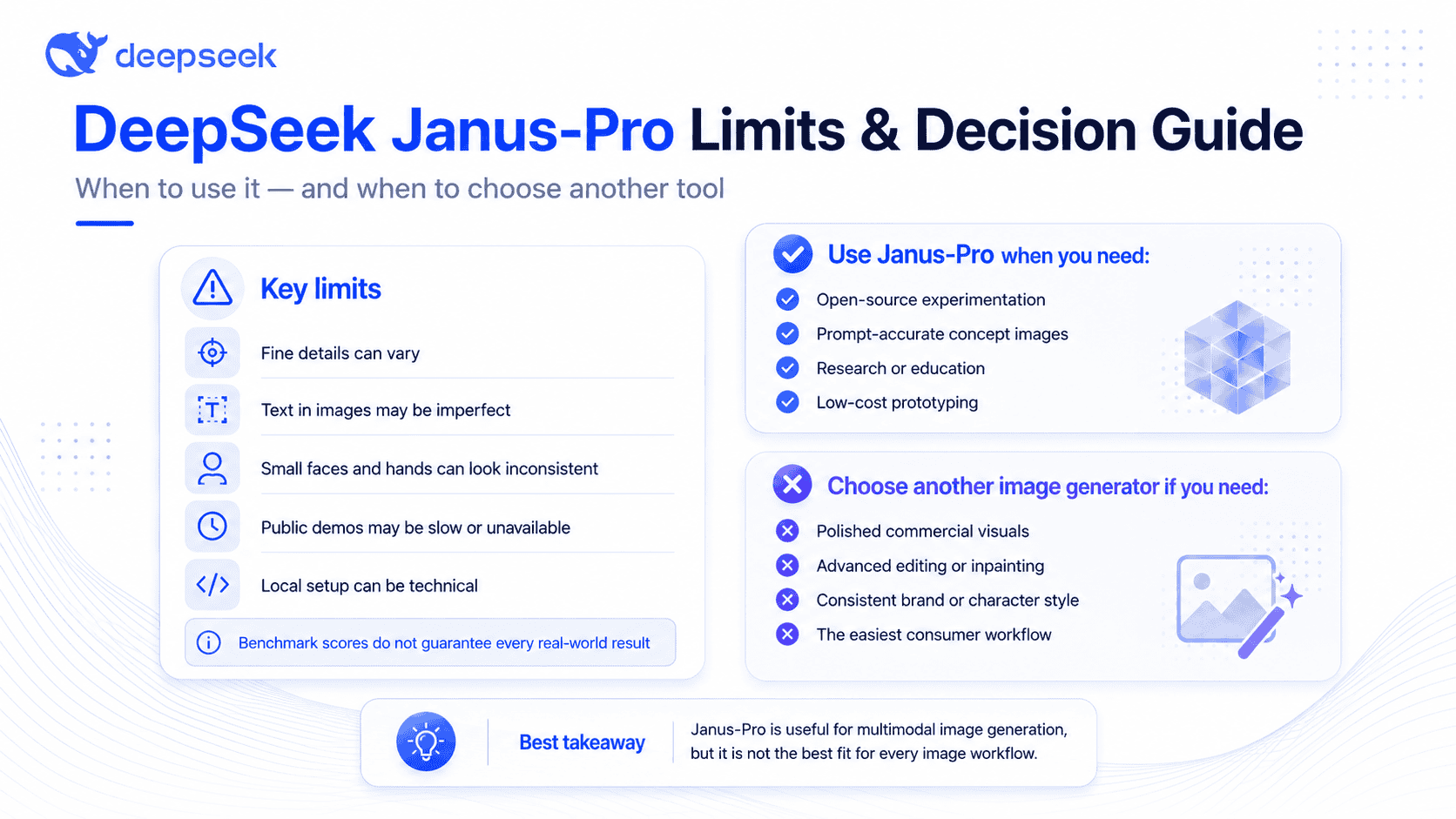 DeepSeek Janus-Pro limitations and decision guide infographic explaining when to use Janus-Pro and when another AI image generator may be a better choice