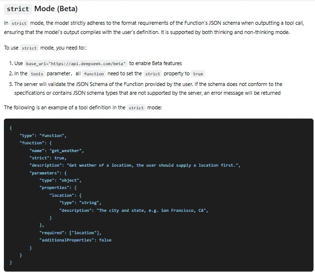 DeepSeek strict tool calling documentation showing strict true and additionalProperties false in a JSON Schema
