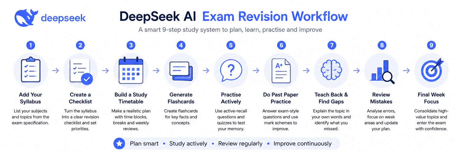 Infographic showing a DeepSeek AI exam revision workflow, including syllabus planning, flashcards, practice questions, mistake review, and final week focus.