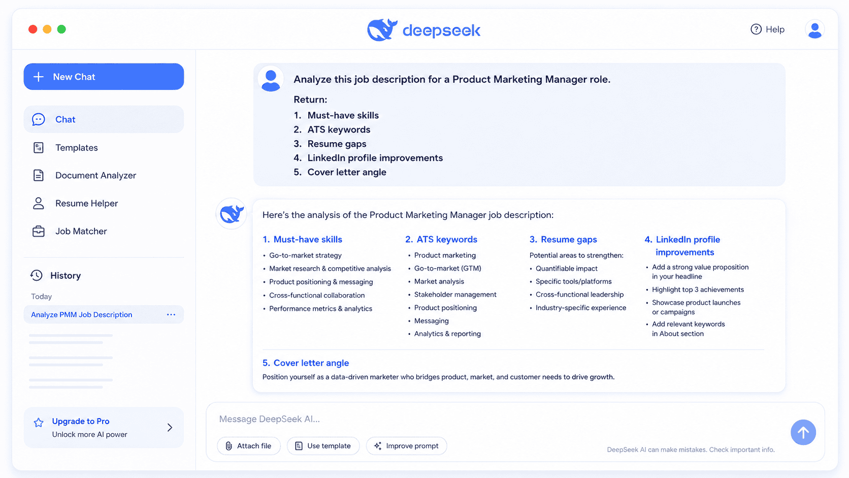 DeepSeek AI prompt example for analyzing a job description before tailoring a resume and LinkedIn profile