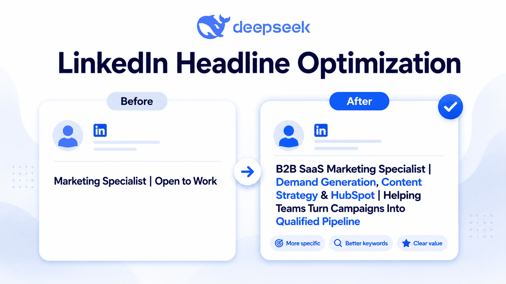 Before and after LinkedIn headline optimized with DeepSeek AI for job applications