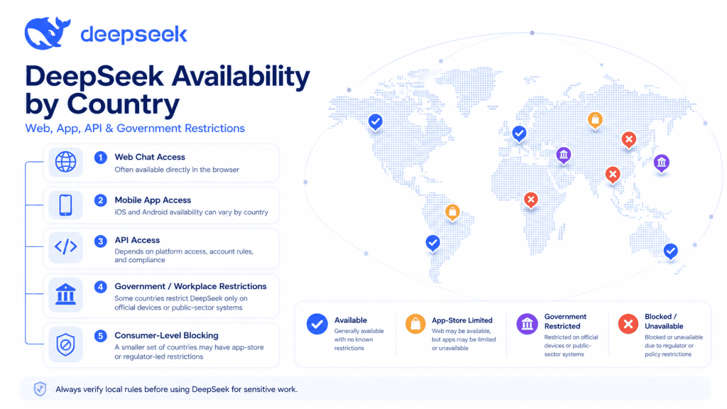 DeepSeek availability by country infographic showing web chat, app, API, and government restriction differences