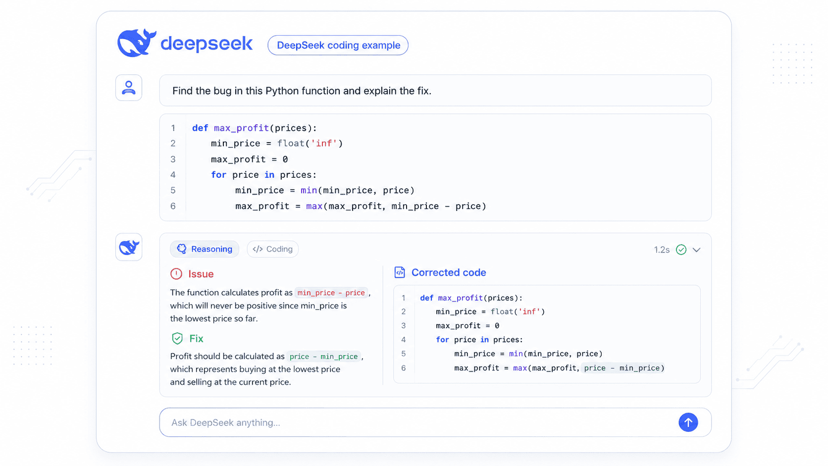 The example below illustrates the type of coding/debugging workflow where DeepSeek usually fits better: