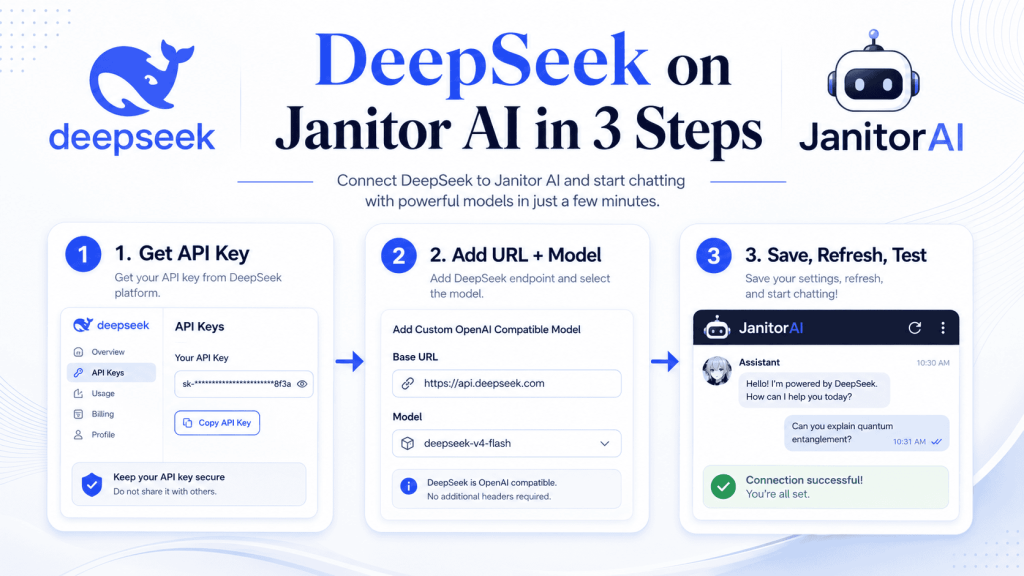 DeepSeek Janitor AI setup flow showing API key, base URL, model name, and test chat