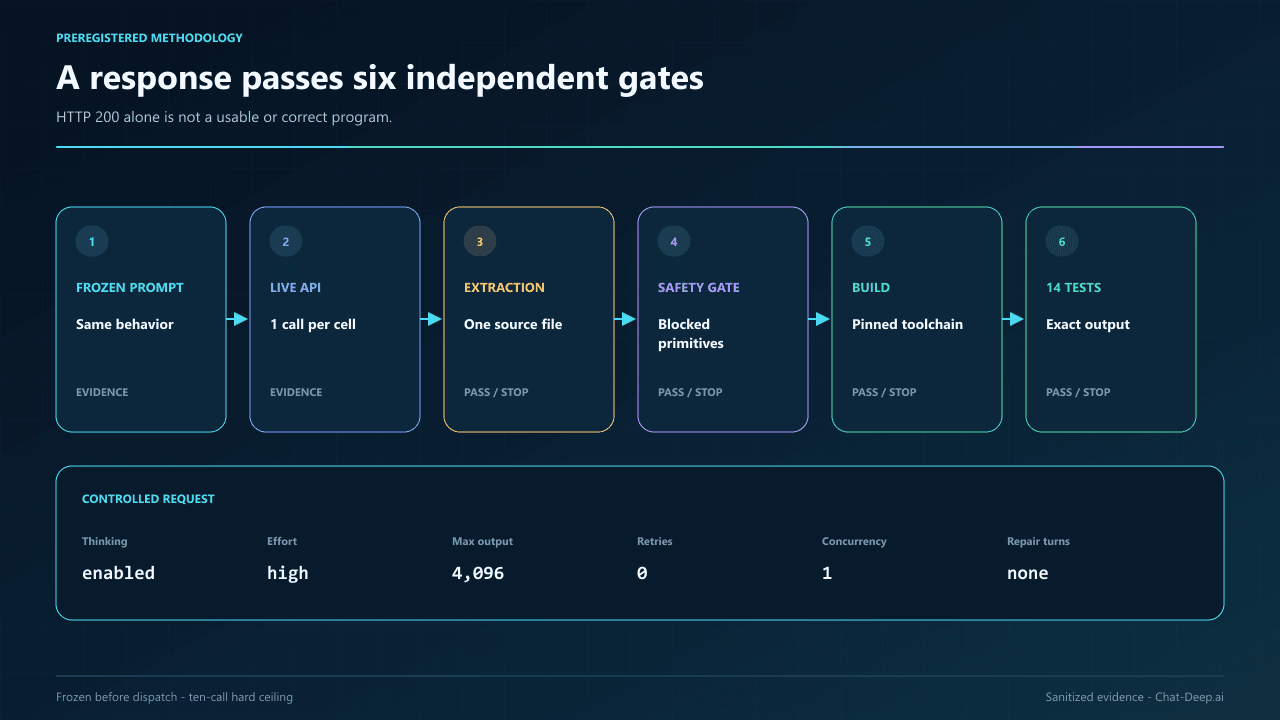 Six-stage DeepSeek coding benchmark pipeline from frozen prompt through API response, extraction, safety, build, and fourteen tests.