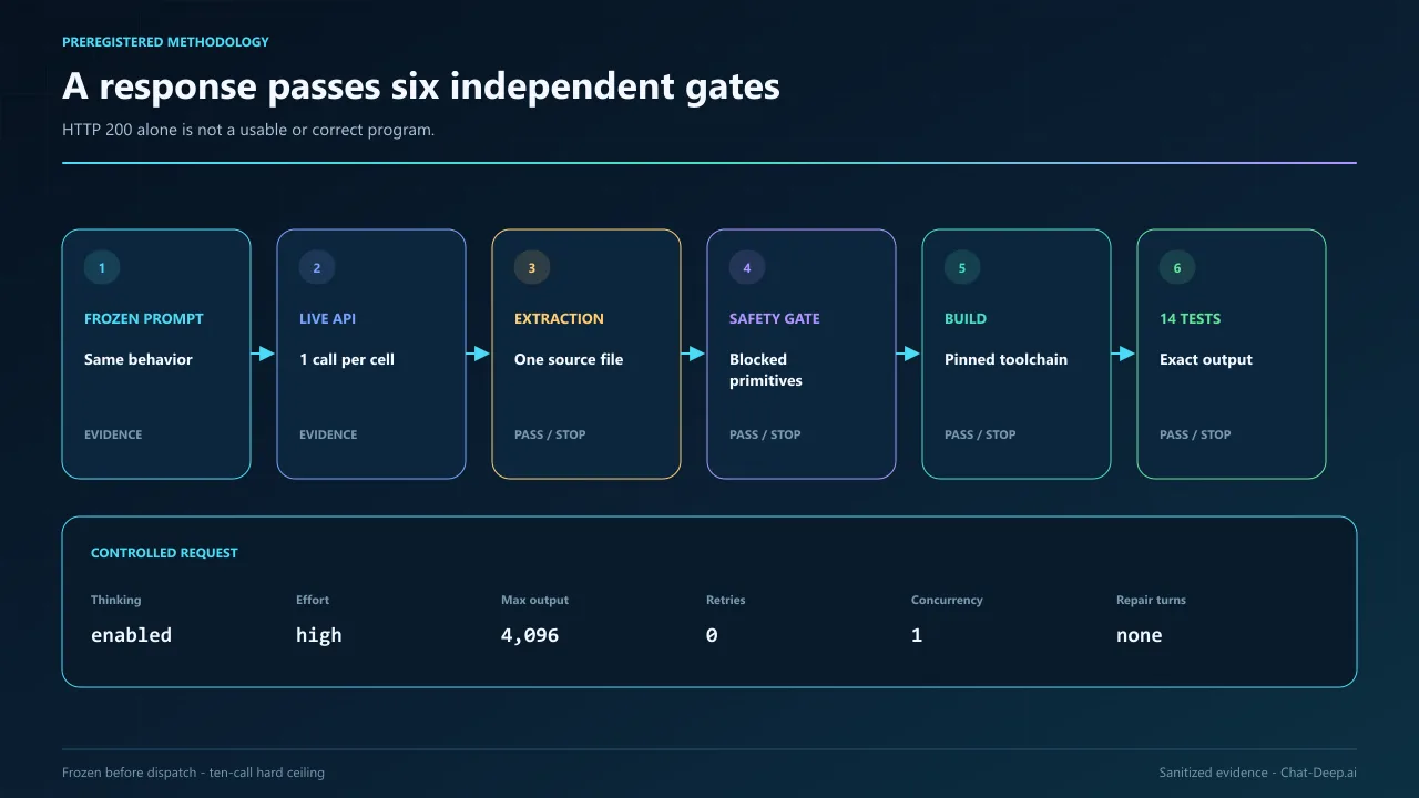 DeepSeek coding benchmark pipeline from frozen prompt through extraction, safety, compilation, and deterministic tests