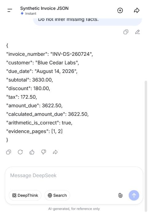DeepSeek returning correct JSON from a searchable invoice PDF