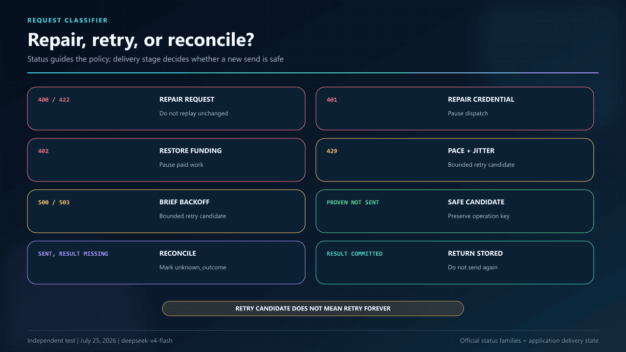 DeepSeek API retry classifier mapping HTTP 400, 401, 402, 422, 429, 500, 503 and transport states to repair, retry, reconcile, or return-stored-result actions.