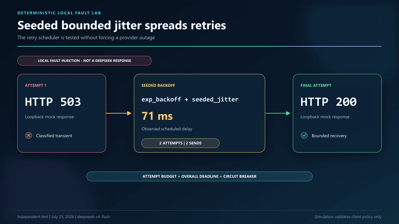 Local DeepSeek retry-policy simulation showing a seeded transient fault, exponential backoff with seeded bounded jitter, a bounded second attempt, and an explicit non-provider label.