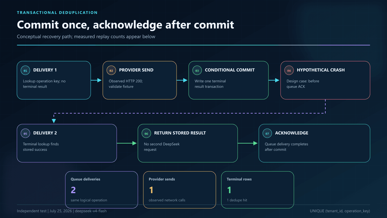 Conceptual DeepSeek result deduplication flow using a tenant-scoped operation key, conditional terminal write, a hypothetical crash-before-ack path, and stored-result replay without another provider call.